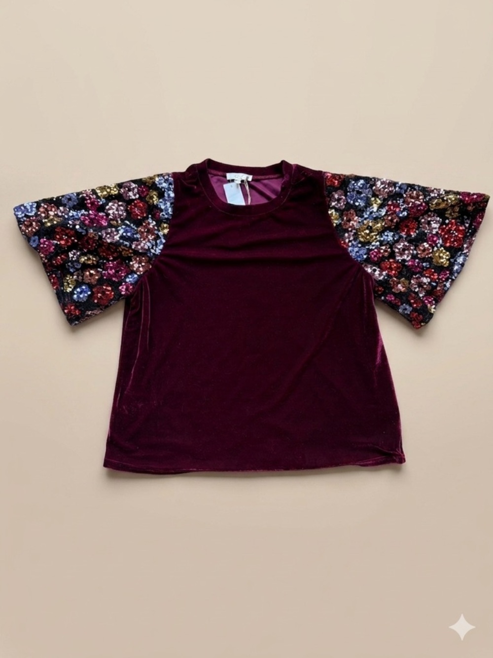 EASEL New With Tags Velvet Top with Multicolor Sequin Floral Sleeves
